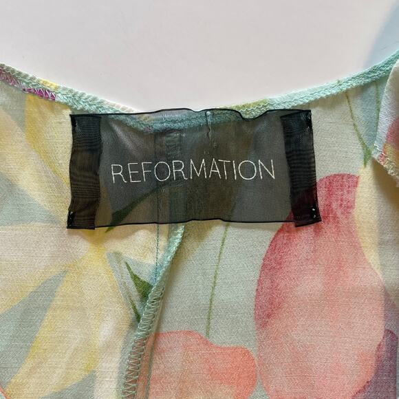 Reformation Tulip Print Silk Dress Womens Small/XS Mint Green Floral Pockets - Picture 4 of 10